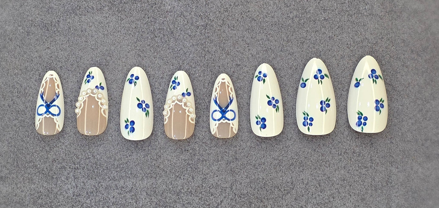 Blue Floral Lace Nail Art with 3D Bow