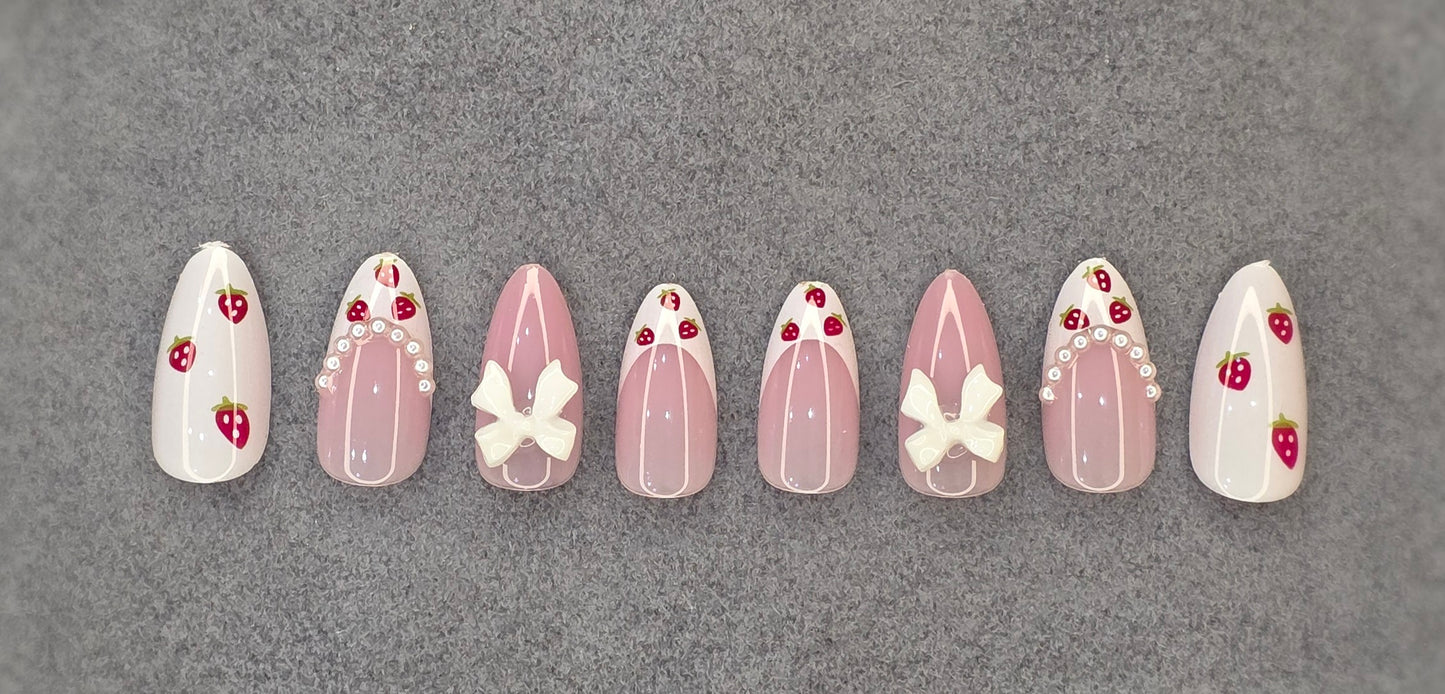 White 3D Bow & Strawberry Nail Art