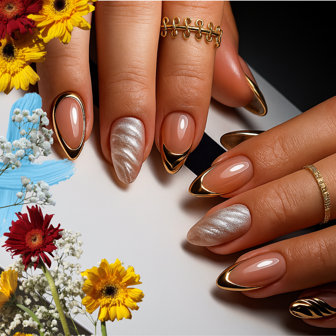 Luxury Gold Chrome Nails with Pearl Swirl