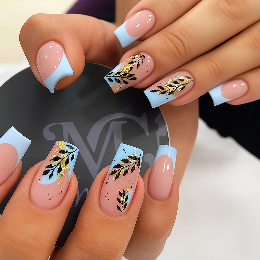 Black Floral Gold Foil Nails