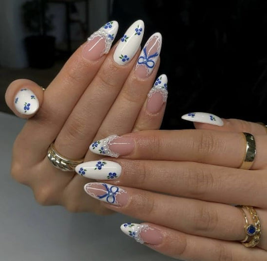 Blue Floral Lace Nail Art with 3D Bow