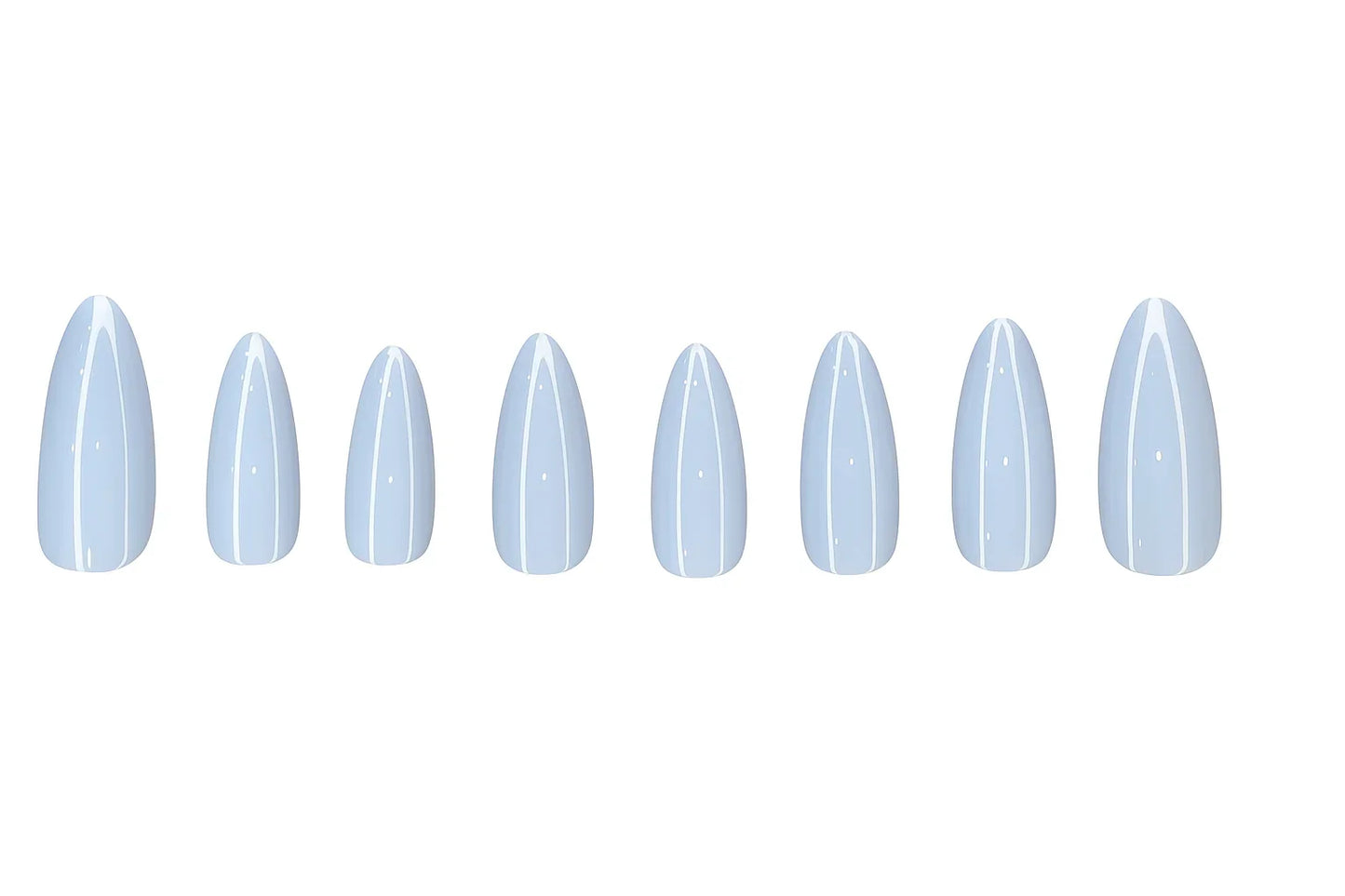 Set of glossy pastel blue oval press on nails arranged in size order on white background