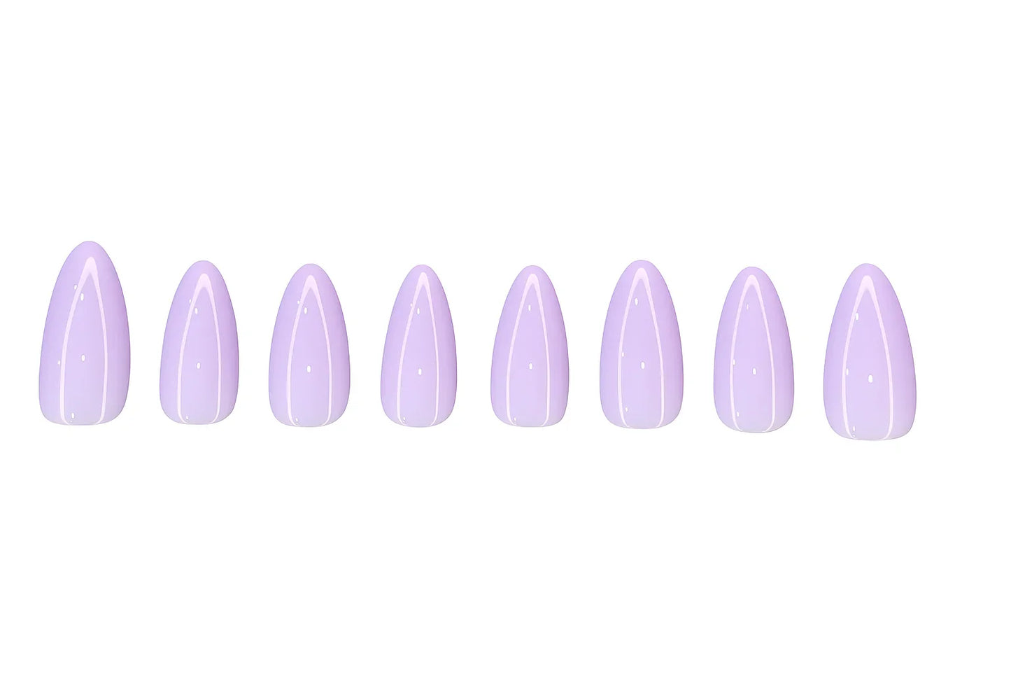 Set of glossy lavender almond-shaped press-on nails on white background
