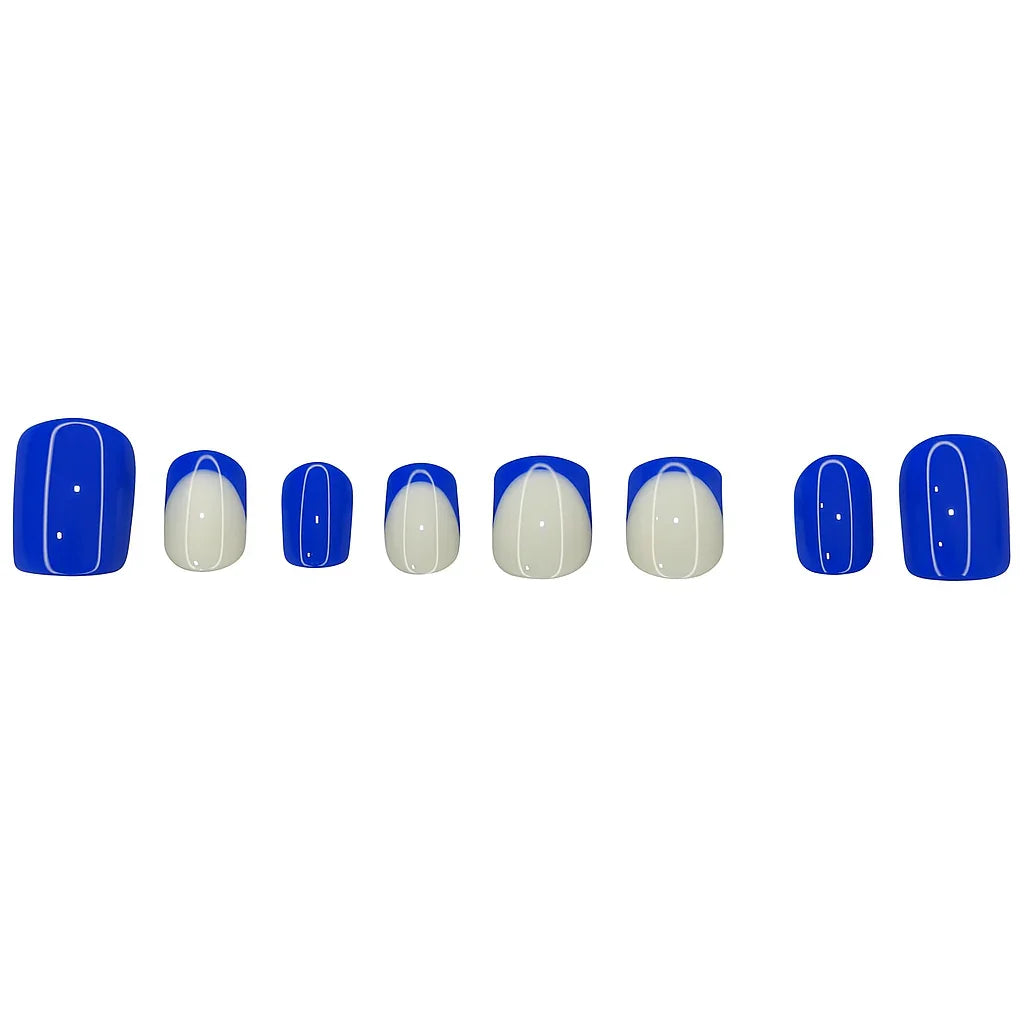 Blue and white press on nails set with geometric line designs, displayed in a row
