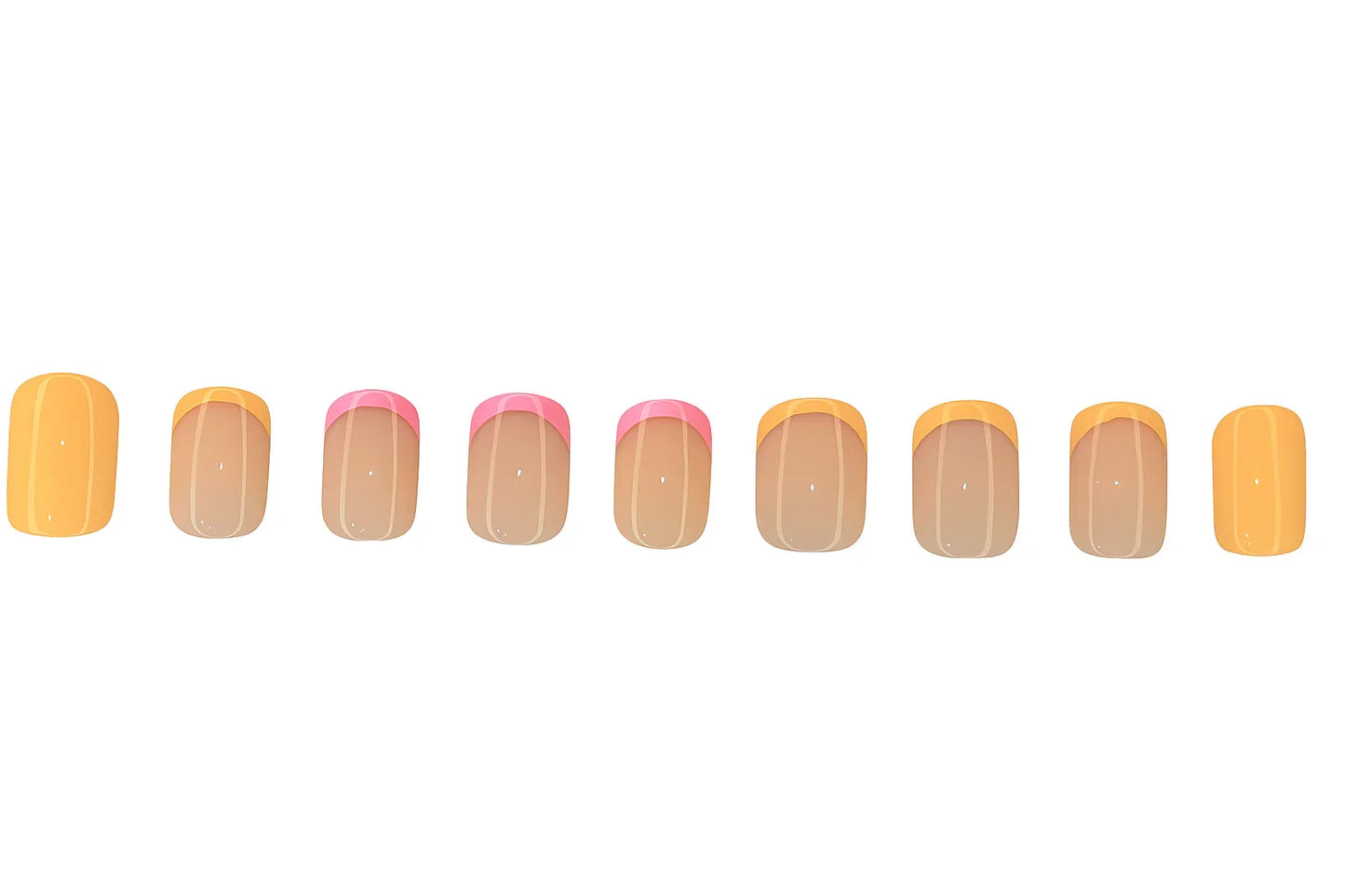 Colorful press on nail set with orange and pink French tips, glossy finish, arranged in a row.