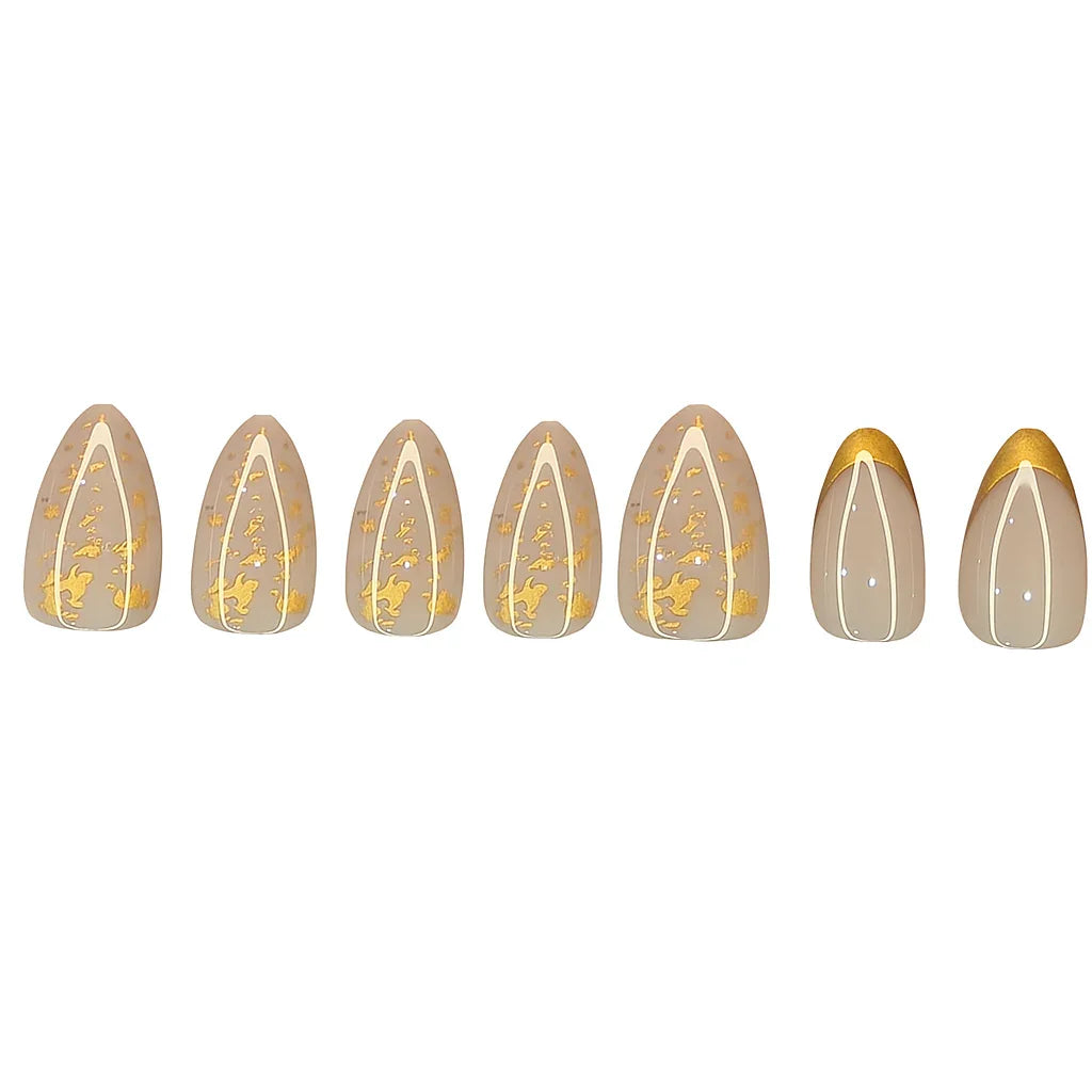 Beige press on nails with white lines and gold foil accents, elegant nail art set