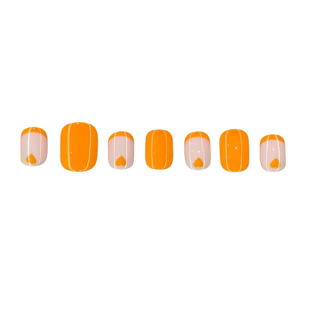 Orange and nude press on nails with white stripe and heart designs, set of six.
