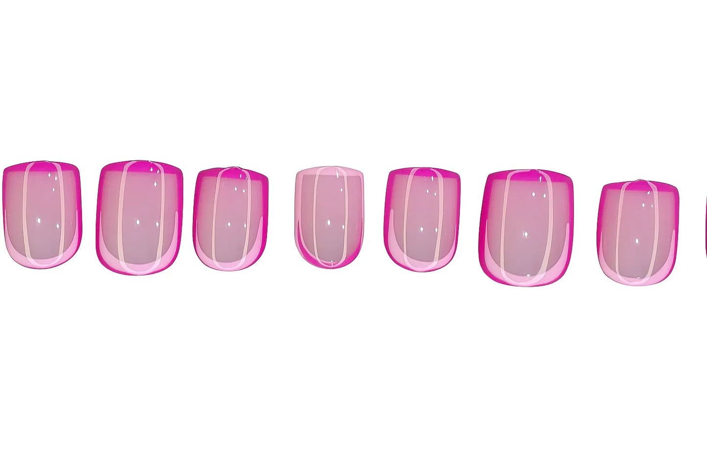 Glossy pink press-on nails with clear tips, arranged in a row on a white background.