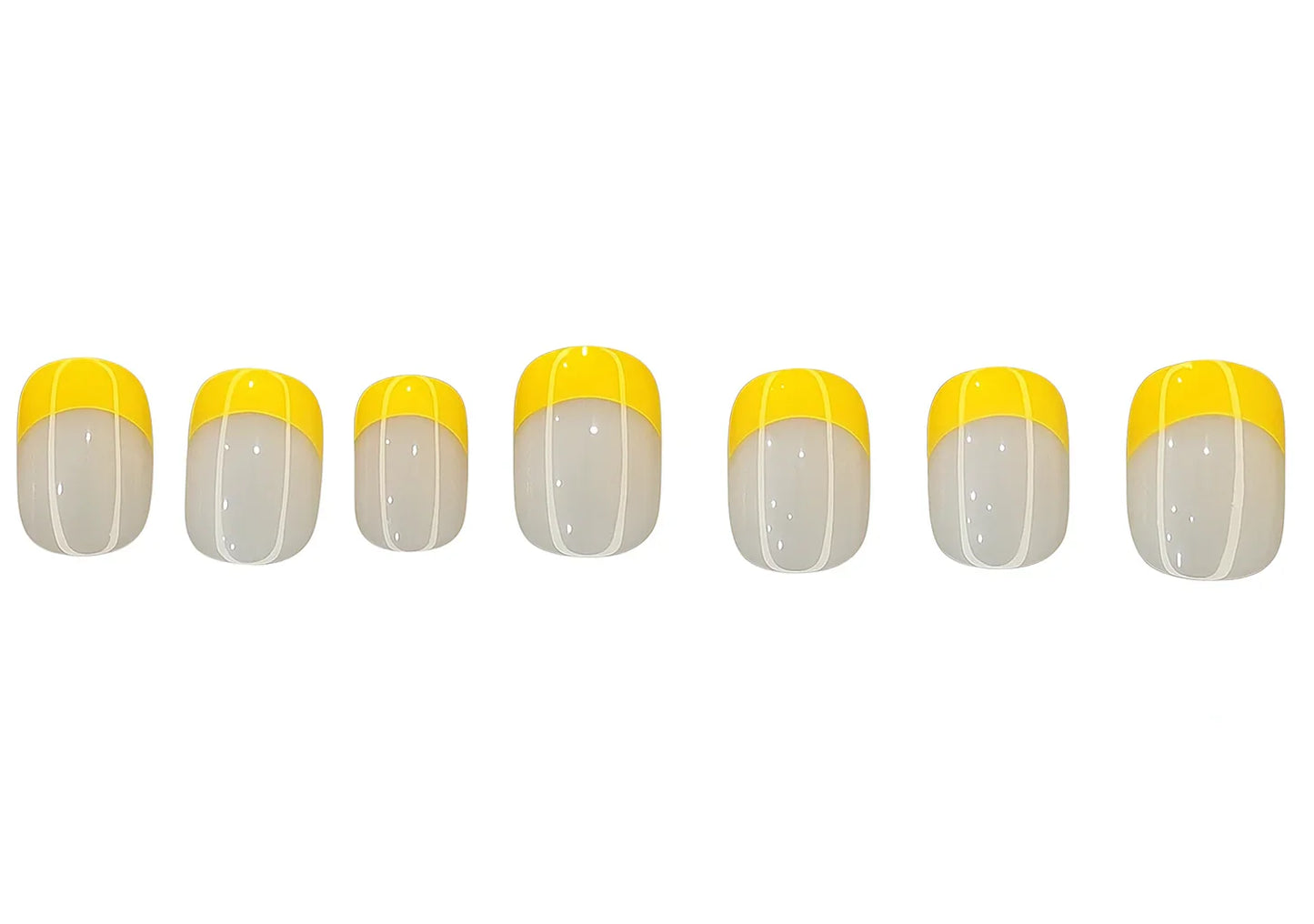 Yellow French tip press on nails with glossy finish on white background