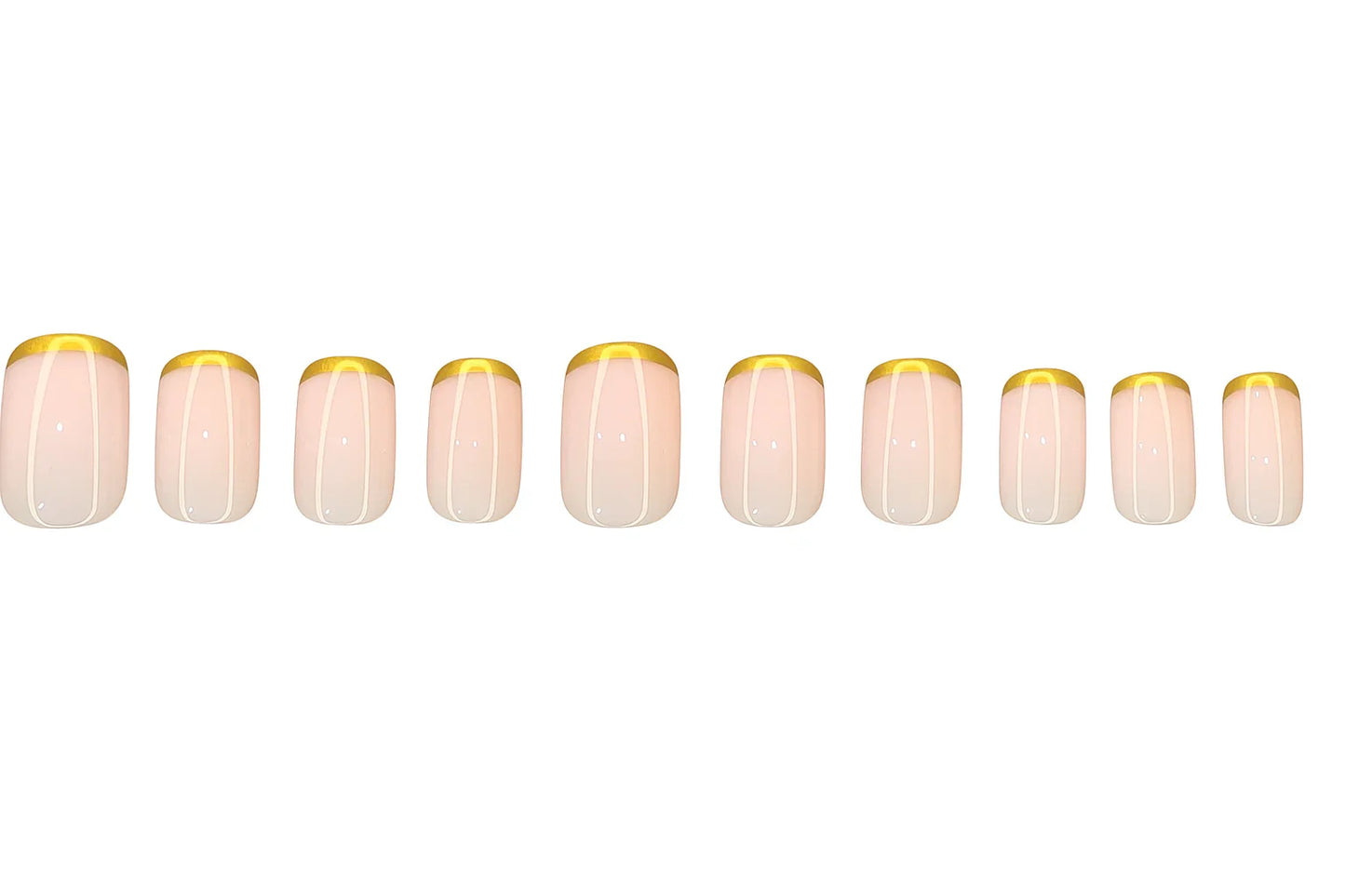 Press-on nails set with nude base, gold French tips, and white accent lines