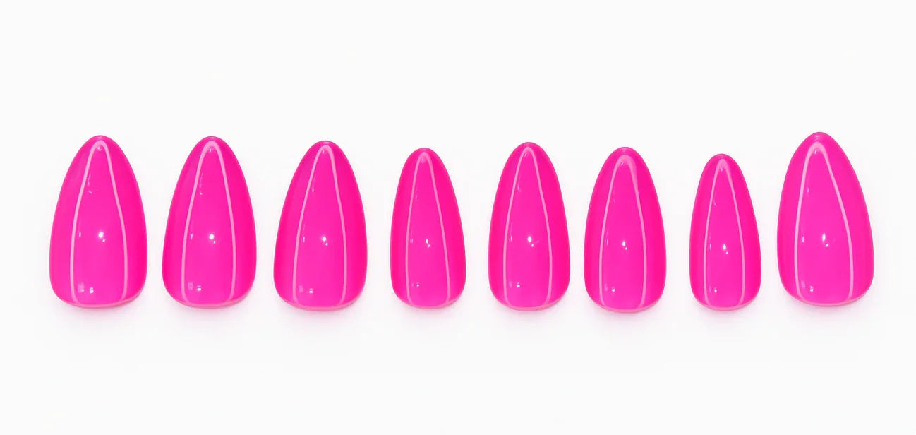 Set of glossy pink press-on nails with white line design, arranged on a white background