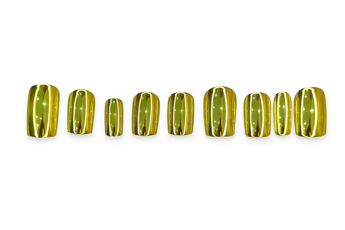 Set of glossy gold chrome press-on nails arranged on a white background