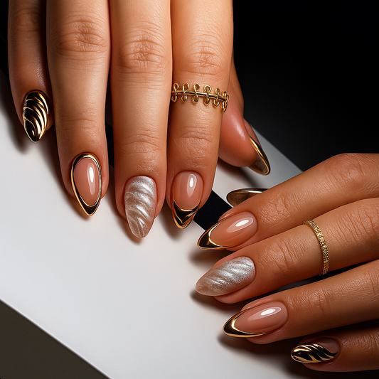 Luxury Gold Chrome Nails with Pearl Swirl