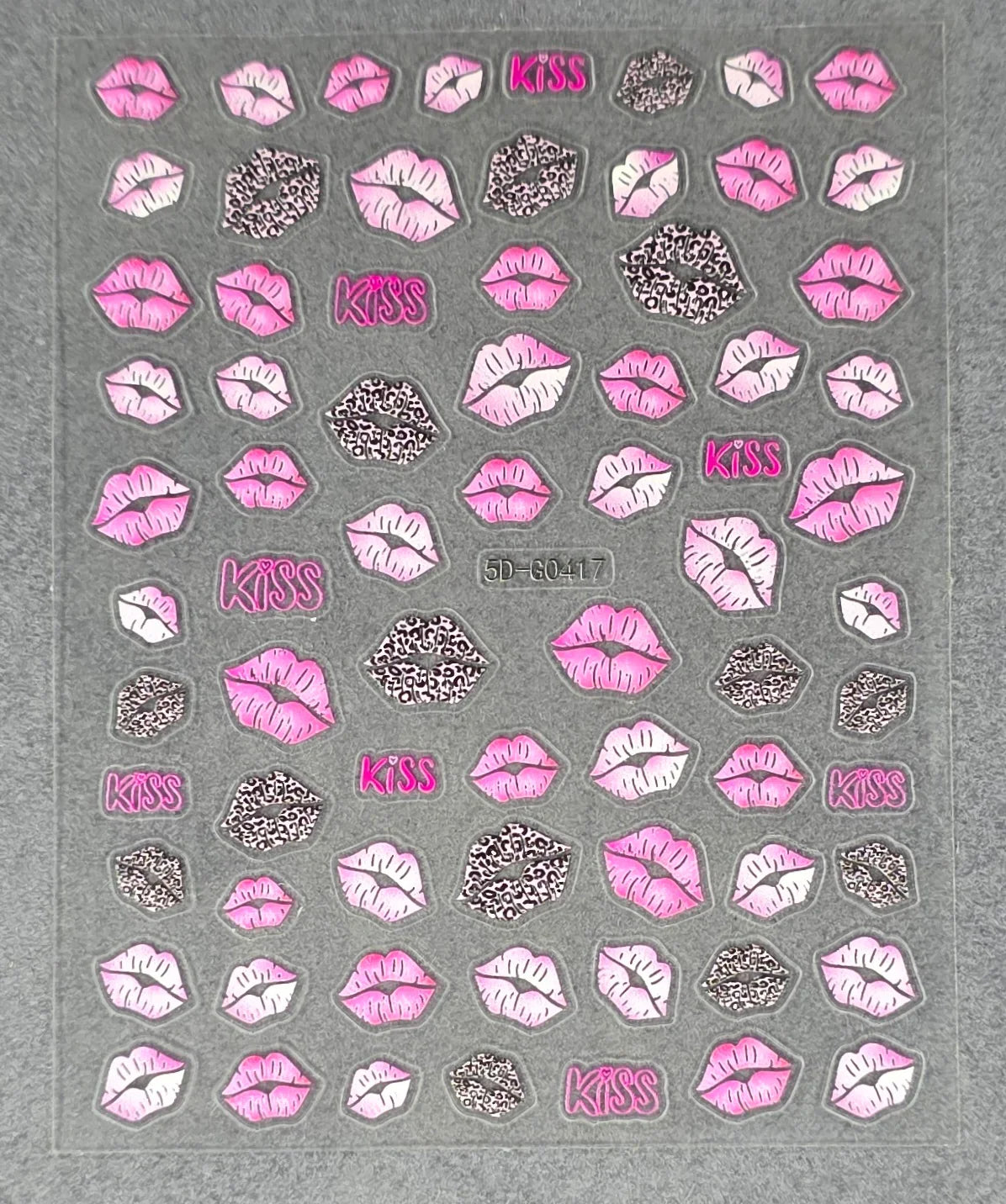 Pink and leopard print lip and 'KISS' designs on 5D nail art sticker sheet
