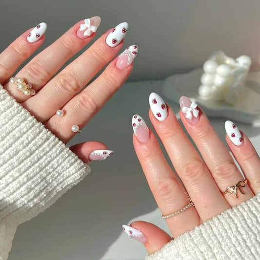 White 3D Bow & Strawberry Nail Art