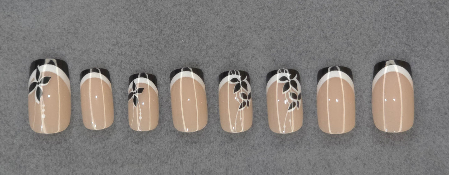 Black & White Floral French Nails