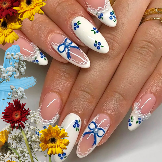Blue Floral Lace Nail Art with 3D Bow