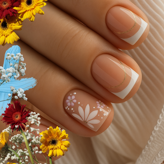 Nude Floral French Nails with Gold Outline