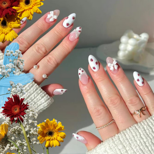 White 3D Bow & Strawberry Nail Art