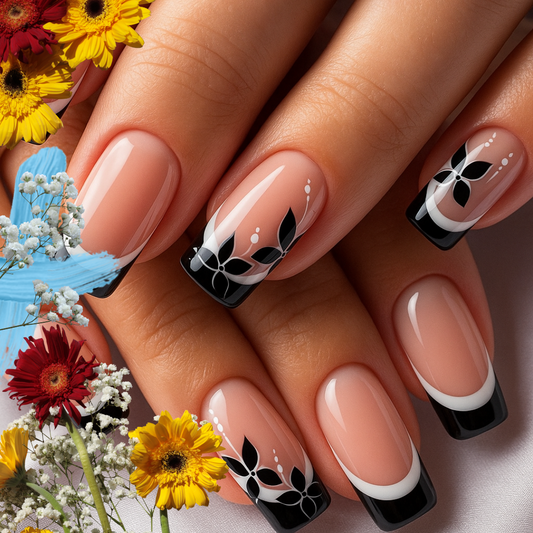 Black & White Floral French Nails