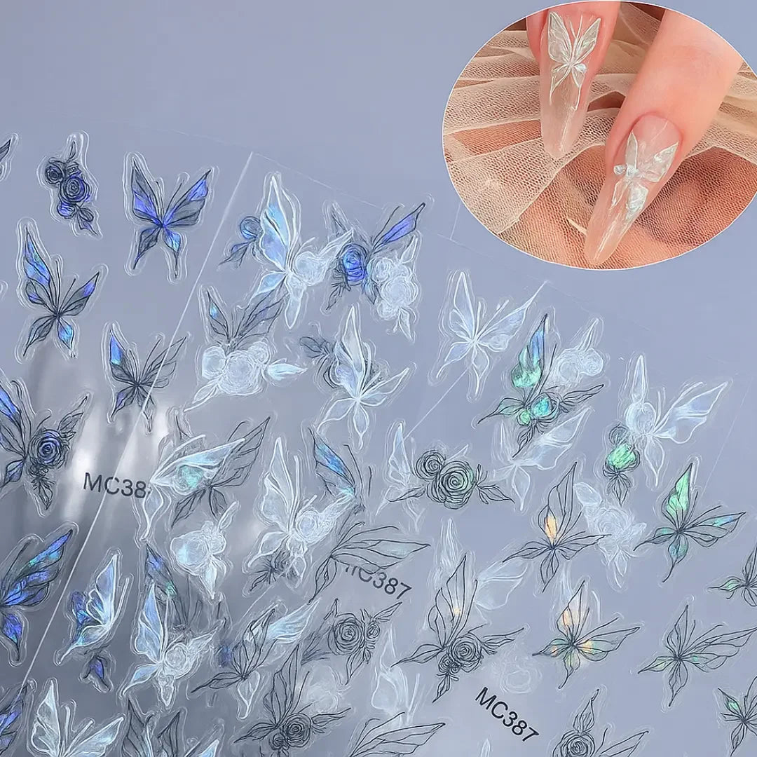 Holographic butterfly and rose nail stickers, transparent sheet, close-up with nail art example.