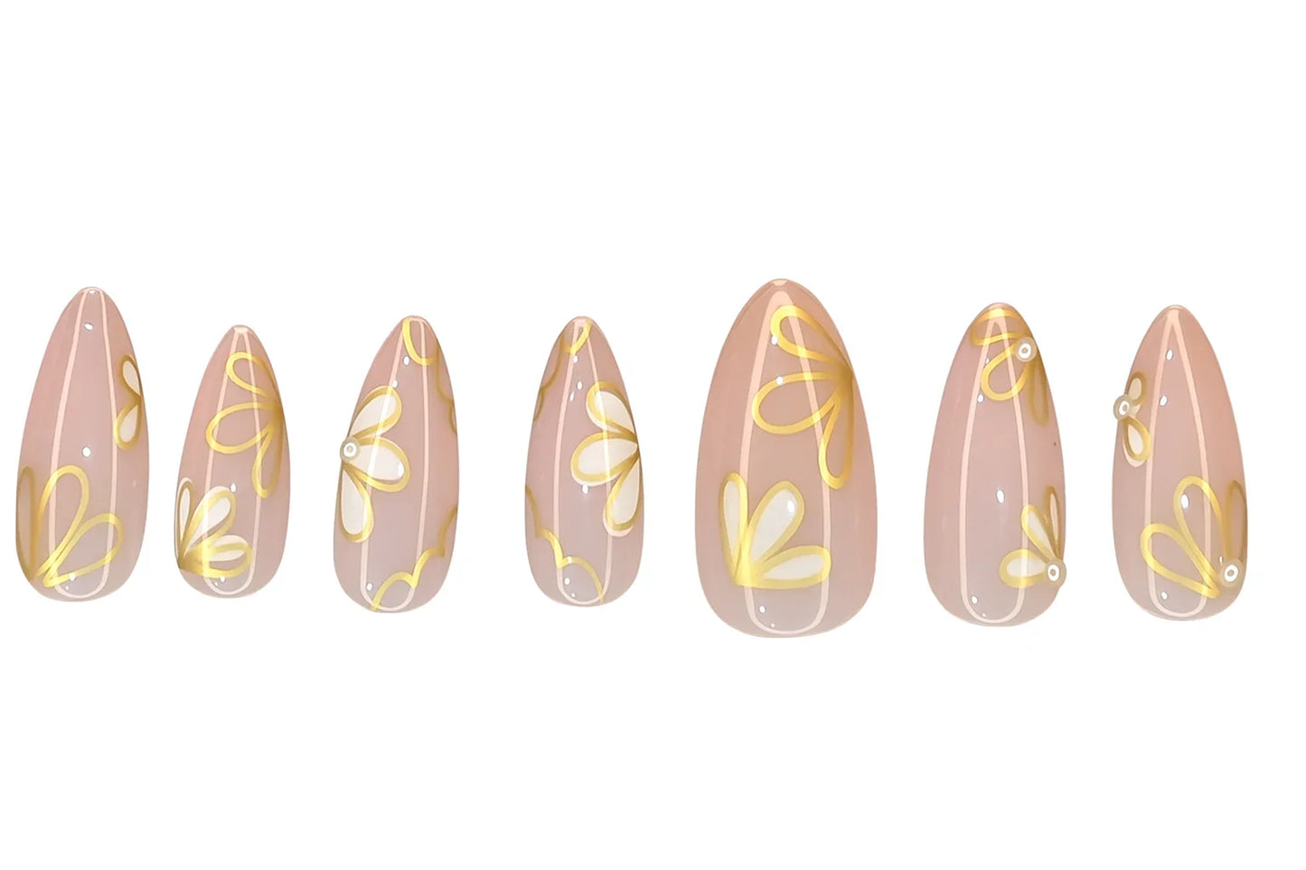 Almond-shaped press on nails with nude base and yellow daisy flower design