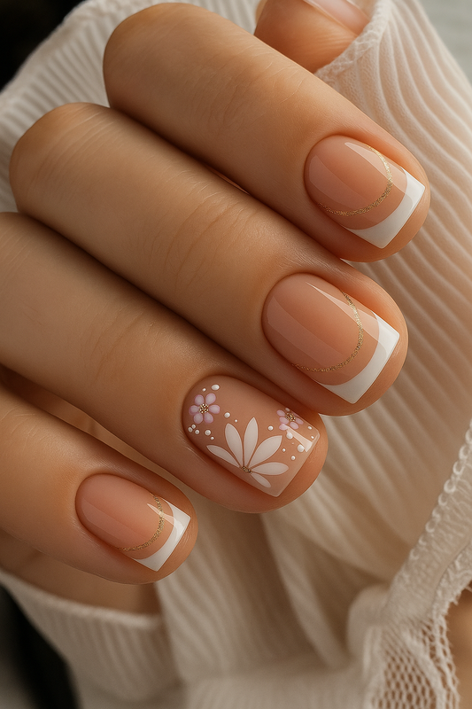 Nude Floral French Nails with Gold Outline