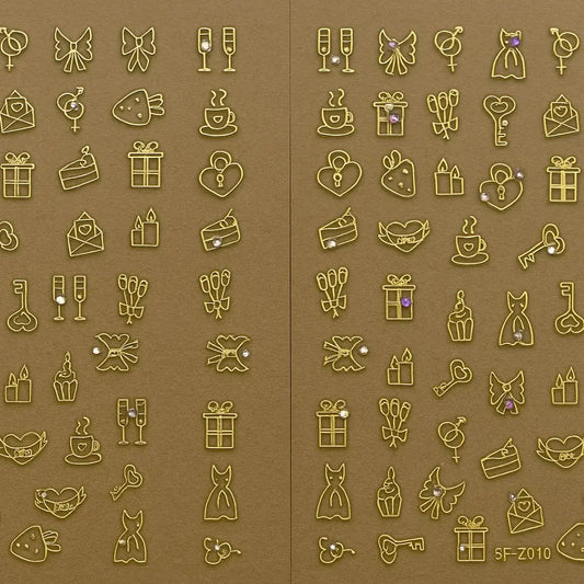 Gold romantic charm nail art stickers with hearts, gifts, dresses, and bows on a brown background
